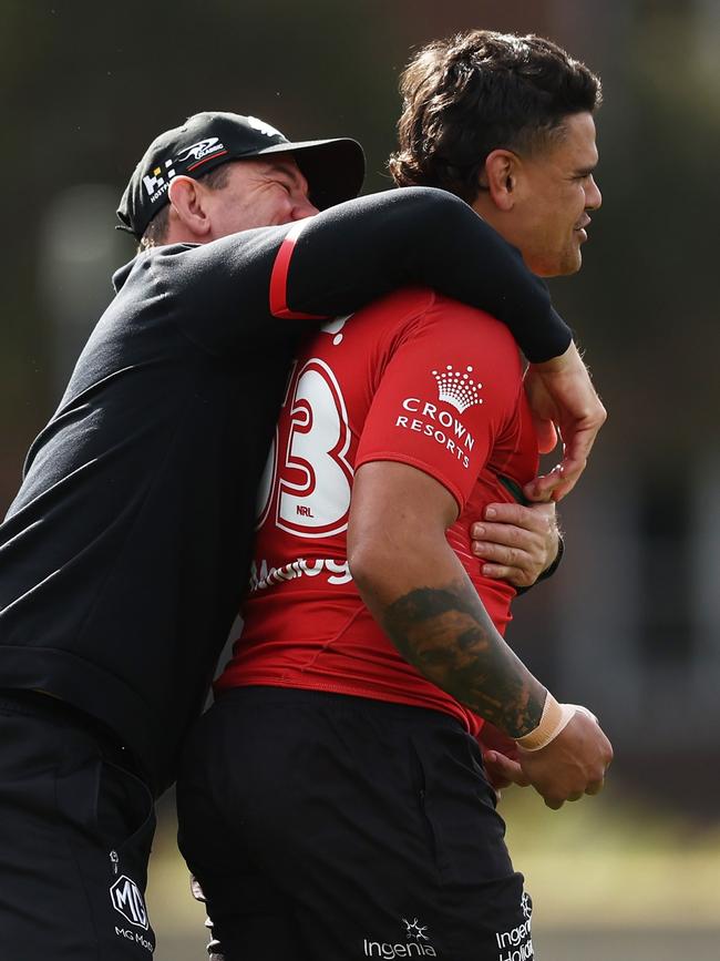 Rabbitohs head coach Jason Demetriou with Latrell Mitchell. Picture: Matt King/Getty Images