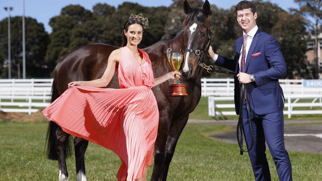 Jonathan and Kylie Brown with Caulfield Cup chance horse Persan, trained by Ciaron Maher and David Eustace. Picture: Alex Coppel.