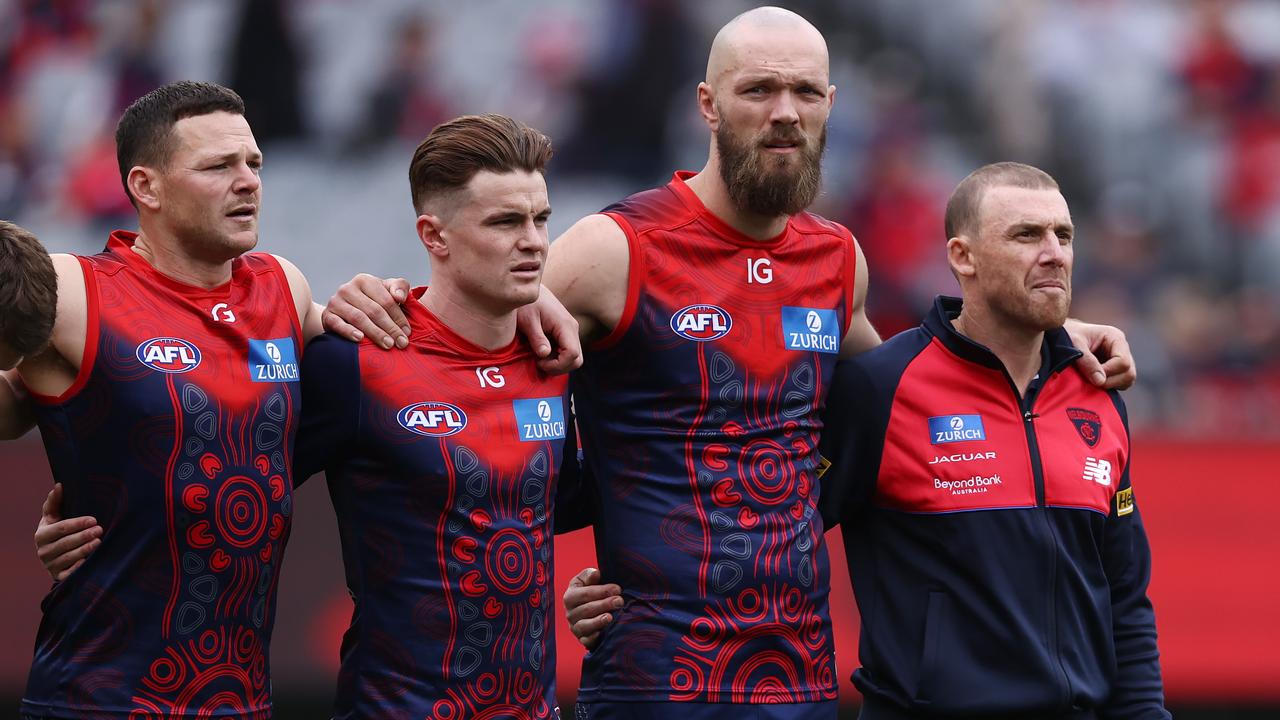 Simon Goodwin (right) says he disagreed with Max Gawn (second right) that the Demons’ finals losses had been ‘embarrassing’, as he said the club remained ‘united and connected’ entering 2024. Picture: Michael Klein