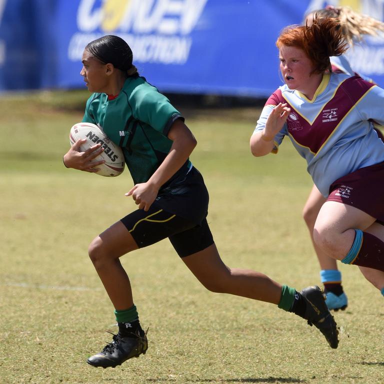 Under-12 girls' state league titles at Burleigh juniors fields Met North V South Coast. Met North's NAlyn Waaka-Rhind. (Photo/Steve Holland)