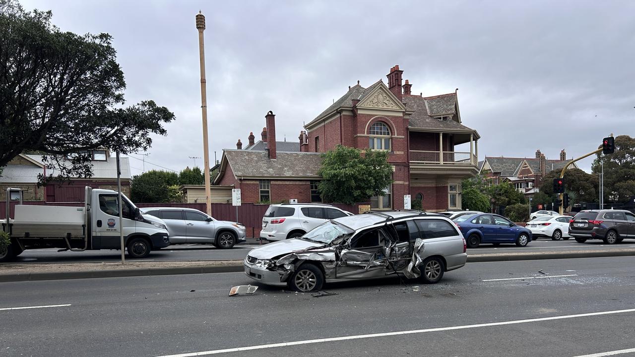 A truck has ripped through the side of a car and smashed the window of another in a scary accident in Geelong’s CBD.