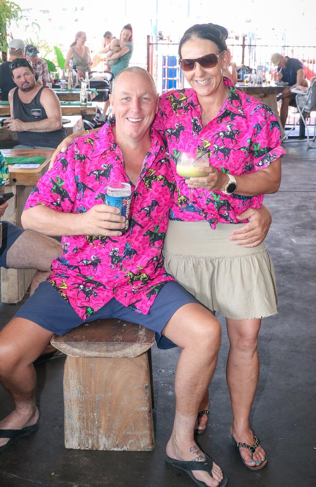 Adam and Raquell Carter Berry Springs Croc Races celebrating the Melbourne Cup Picture: Glenn Campbell