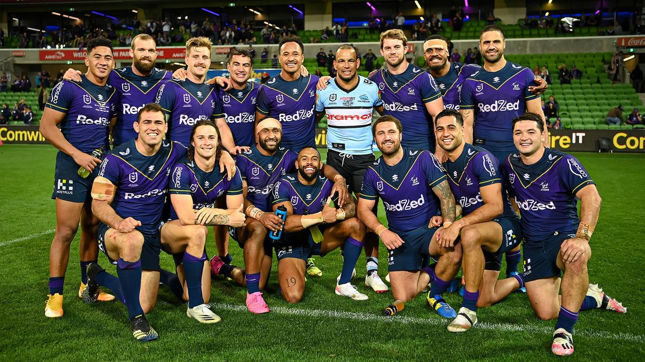 Will Chambers poses with his former teammates after the Storm win. Picture: NRL