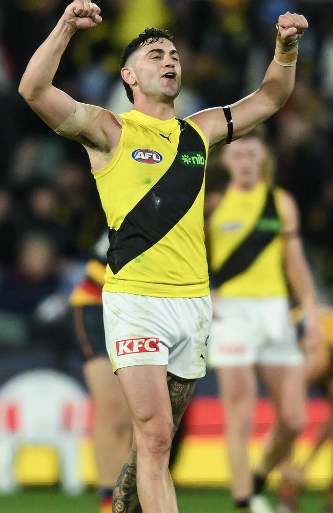 Tim Taranto of the Tigers celebrates on the final siren during their win over Adelaide. Picture: Mark Brake/Getty Images.