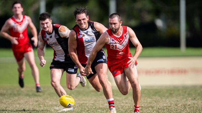 Jye Bolton and Abraham Ankers in the Southern Districts vs Waratah 2023-24 NTFL men's knockout semifinal. Picture: Pema Tamang Pakhrin