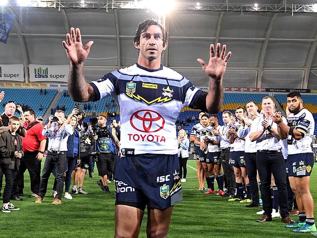 GOLD COAST, AUSTRALIA - SEPTEMBER 01:  Johnathan Thurston of the Cowboys farewells fans as he celebrates his last NRL match after the round 25 NRL match between the Gold Coast Titans and the North Queensland Cowboys at Cbus Super Stadium on September 1, 2018 in Gold Coast, Australia.  (Photo by Bradley Kanaris/Getty Images)