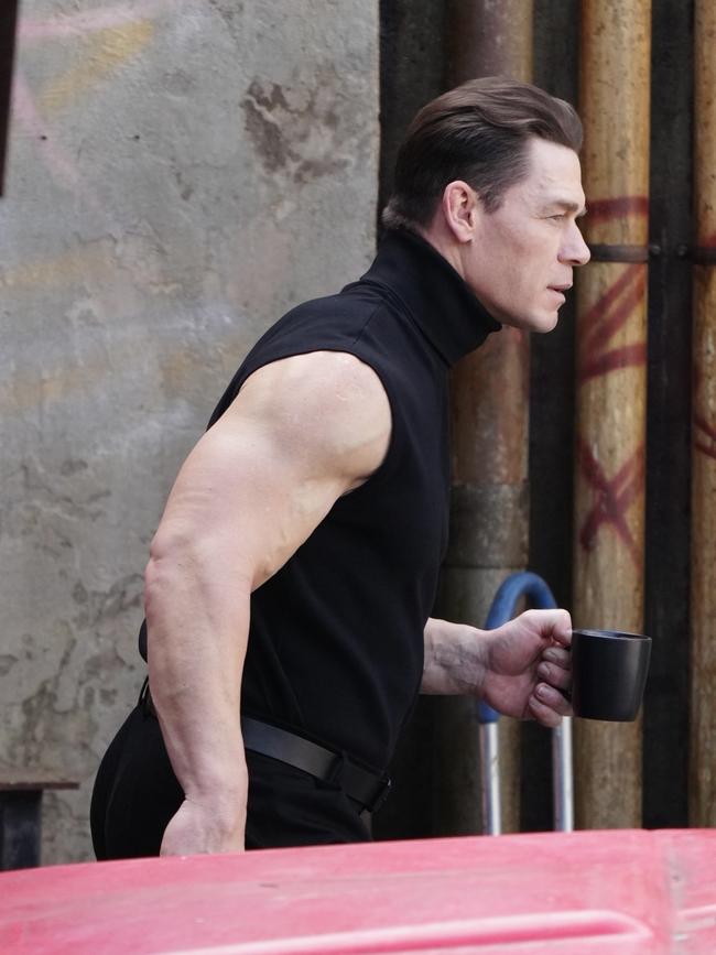 The Peacemaker actor was spotted walking around the set. Picture: BackGrid