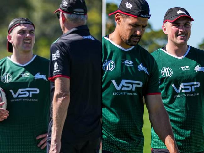 Lewis Dodd talks to Wayne Bennett (L) and with new halves partner Cody Walker (R). Picture: Instagram