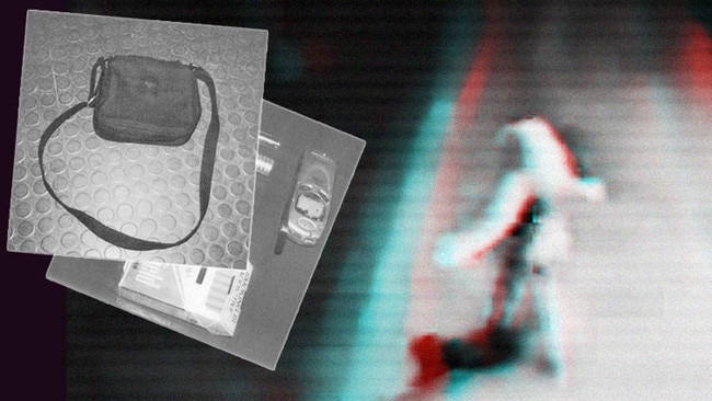 Inset: Photograph of Janine Vaughan's handbag and contents, taken by police. Main image: CCTV footage of Janine Vaughan leaving the Metro Tavern shortly before her disappearance.