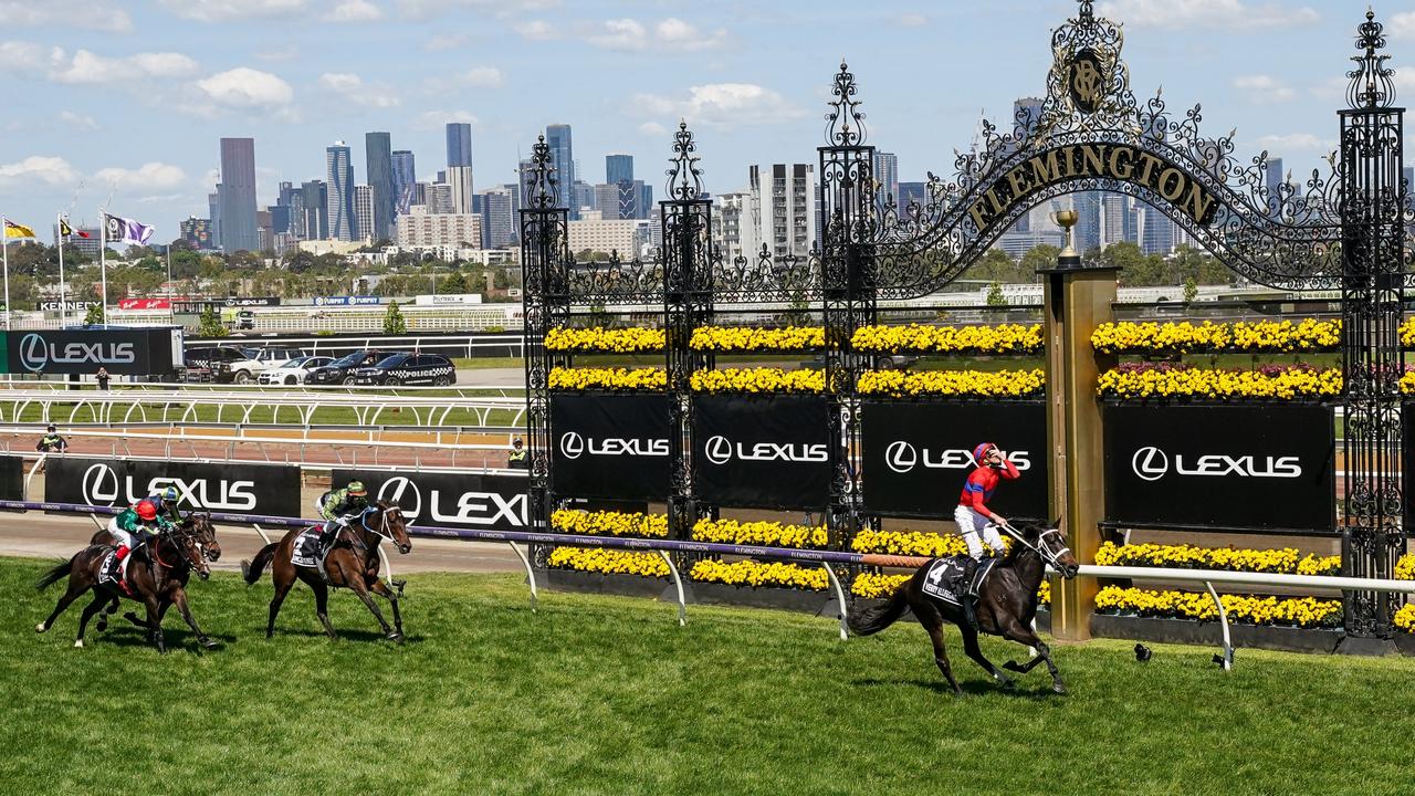 Verry Elleegant races to the front and passes the winning post in the Melbourne Cup at Flemington Racecourse. Picture: Getty Images