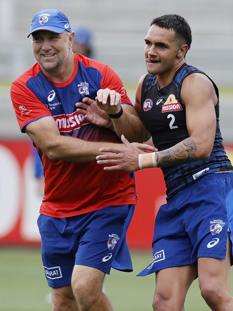 Jamarra Ugle-Hagan and assistant coach Brendan Lade at training on Wednesday. Picture: Michael Klein