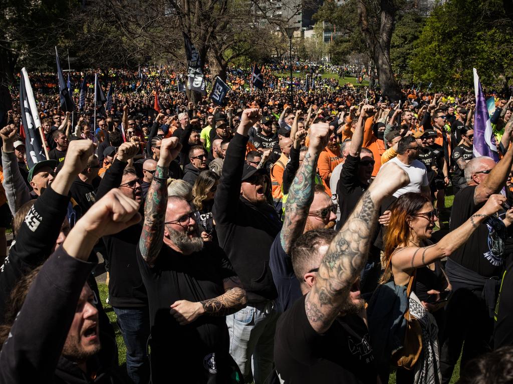 Thousands of CFMEU members take part in a protest rally in Melbourne. Picture: Darrian Traynor