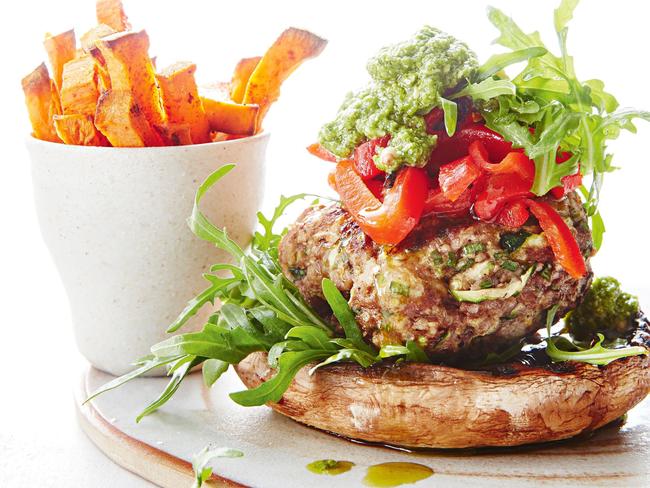 Rated recipes: Open burger with sweet potato chips.