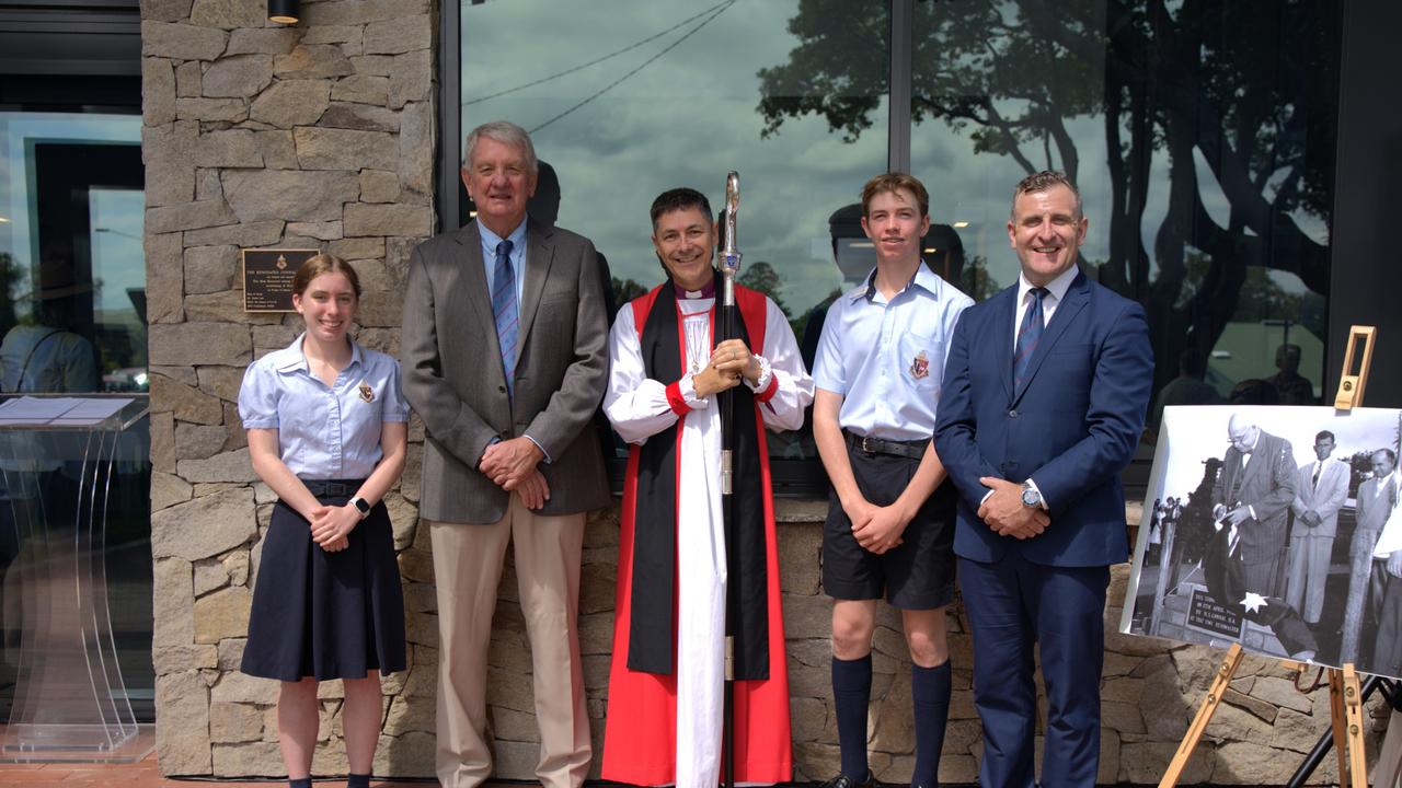 Mehar Fegan (head girl) Mac Drysdale, (Chair of School Council), Most Reverend Jeremy Greaves (Archbisop of Brisbane), Dominic Faggotter, (head boy) and Simon Lees (Head of School) Toowoomba Anglican School opens Connal Building. Friday, March 15, 2024. Picture: Christine Schindler