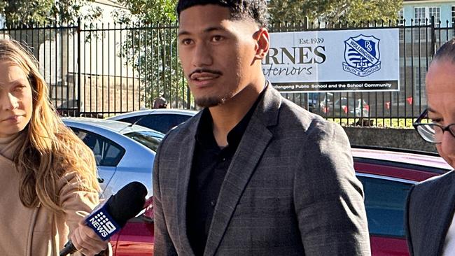 Dragons player Talatau Junior Amone entering Wollongong Local Court for a hearing on Thursday, August 17, 2023. Picture: Dylan Arvela