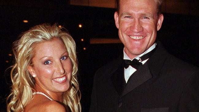 2001 Brownlow Medal. Collingwood's Nathan Buckley with girlfriend Tania Minnici. Picture: Fiona Hamilton