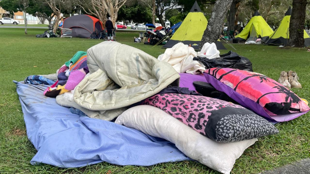 A pile of belongings from a homeless person evicted from Carey Park at Southport. Other rough sleepers said council had instructed to leave it near the footpath.