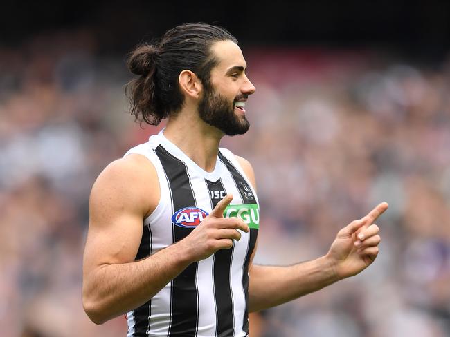 MELBOURNE, AUSTRALIA - MAY 11: Brodie Grundy of the Magpies celebrates kicking a goal during the round eight AFL match between the Carlton Blues and the Collingwood Magpies at Melbourne Cricket Ground on May 11, 2019 in Melbourne, Australia. (Photo by Quinn Rooney/Getty Images)