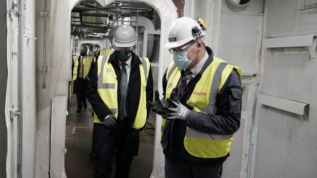 Scott Morrison inspects British frigate HMS Glasgow with BAE Systems managing director Simon Lister on Monday. Picture: Adam Taylor