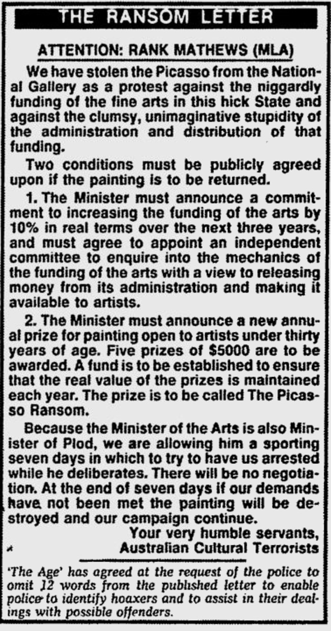 The ransom letter that was sent to The Age newspaper after the theft of the Picasso in 1986. Picture: National Library of Australia.