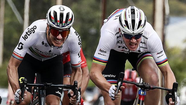 Daryl Impey contests with first sprint at McLaren Flat – losing it to Trek Segafredo World Champion Mads Pedersen (right) Picture: Sarah Reed.