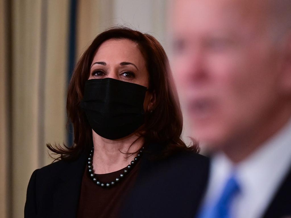 US Vice President Kamala Harris wears a mask as she looks on at the White House. Picture: AFP