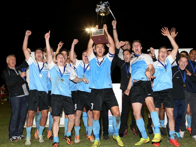 Palm Beach celebrate their 2014 NPL Queensland grand final win over Olympic. Picture: Scott Fletcher