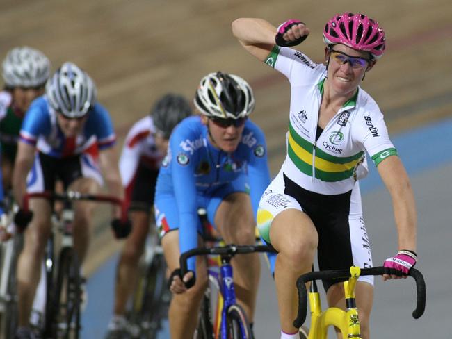 Katherine Bates celebrates winning the Women's Points race at the Track Cycling World Championships in 2007.