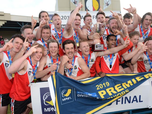 Red Hill players celebrate after winning the MPNFL Division 2 premiership at Frankston Park last season. Picture:Chris Eastman