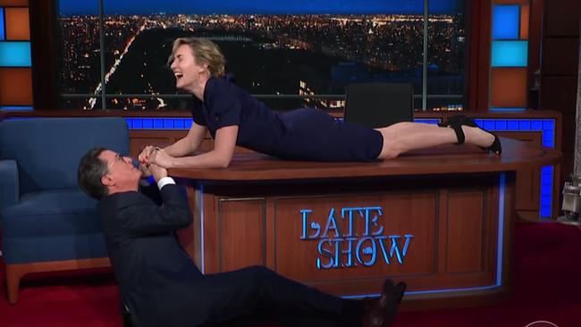 Colbert and Winslet do an hilarious re-enactment of the final scene. Picture: YouTube.