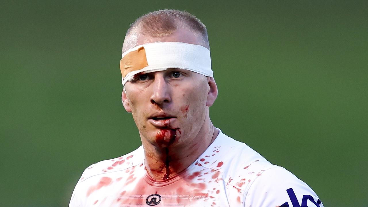 Mitch Barnett led from the front in the first trial game despite copping some friendly fire against the Sharks. Picture: Brendon Thorne/Getty Images