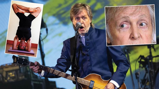 Headstands, left, and eye yoga, right, are among the moves octogenarian Beatle Paul McCartney attributes to his longevity, which was on show in a marathon three-hour set at Glastonbury, main picture. Pictures: Supplied/Harry Durrant/Getty Images