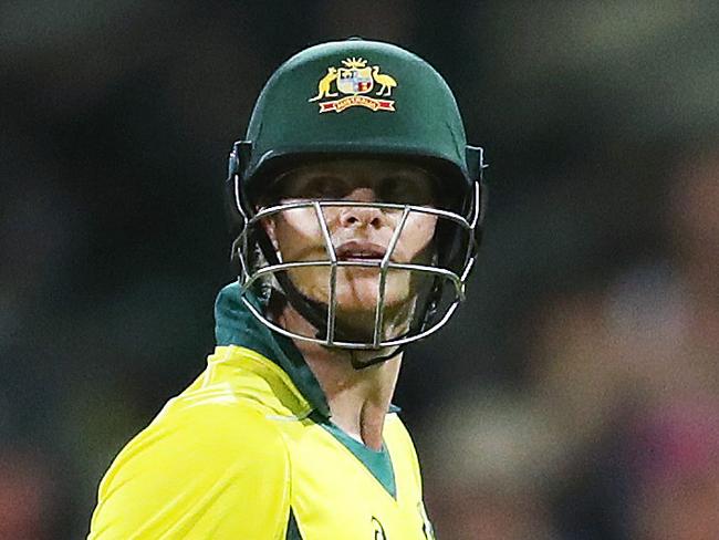 AustraliaÕs Steve Smith unhappy beeing given out to catch by EnglandÕs Jos Buttler  off Mark Wood during One-Day International between Australia and England at the SCG. Picture. Phil Hillyard