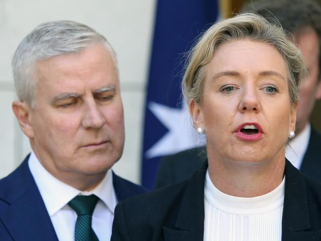 Prime Minister Scott Morrison with David Littleproud, Michael McCormack, Bridget McKenzie, and Dan Teehan during a press conference at Parliament House in Canberra. Picture Gary Ramage