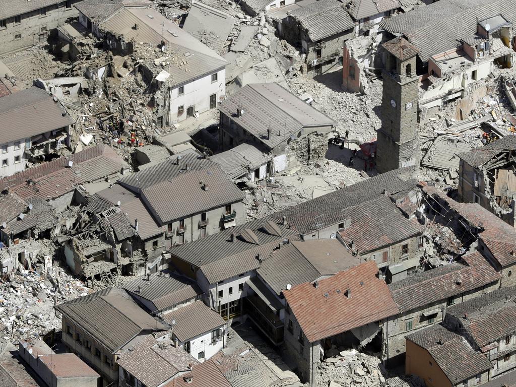 This aerial photo shows the damaged buildings in the town of Amatrice, central Italy, after an earthquake on August 24, 2016. Picture: AP