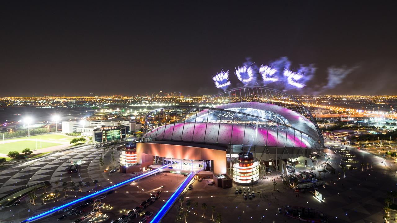 DOHA, QATAR - MAY 19: Fireworks spell out 2022 for the Qatar 2022 World Cup at Khalifa Stadium on May 19, 2017 in Doha, Qatar. Qatar's Supreme Committee for Delivery &amp; Legacy today officially opened Khalifa International Stadium, the first completed 2022 FIFA World Cup venue, five years before the tournament begins. (Photo by Neville Hopwood/Qatar 2022 via Getty Images)