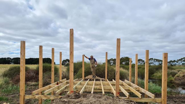 Duck hunter and conservationist Peter Gibson overlooks construction of an observation deck he helped build at the Connewarre wetlands near Geelong.