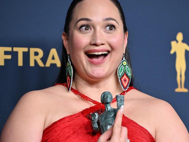 US actress Lily Gladstone poses in the press room with the award for Outstanding Performance by a Female Actor in a Leading Role in a Motion Picture for âKillers of the Flower Moonâ during the 30th Annual Screen Actors Guild awards at the Shrine Auditorium in Los Angeles, February 24, 2024. (Photo by Robyn BECK / AFP)