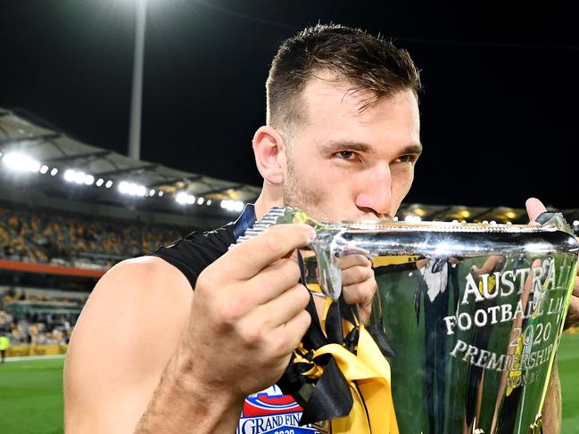 Balta celebrates after the Tigers won the 2020 AFL Grand Final. Picture: Quinn Rooney