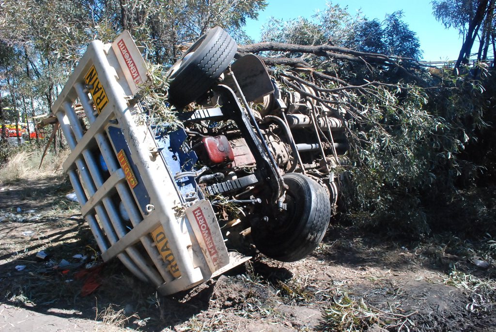 The cattle truck that rolled near Chinchilla yesterday. Picture: Alasdair Young