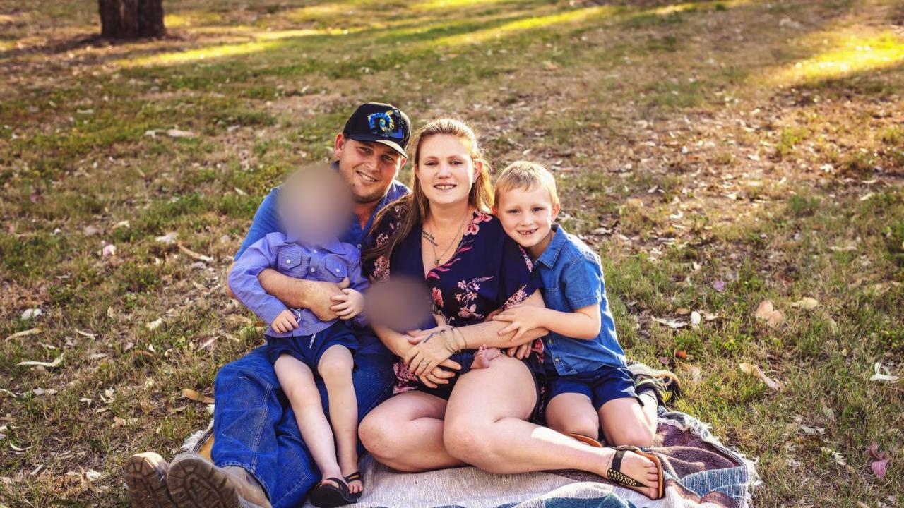 Roma boy Riley Wells (right) died after the vehicle he was travelling in rolled and was struck by a road train on the Carnarvon Highway at Injune in January 2022. He is pictured here with his parents Ian Wells and Shanowahh Dennis.