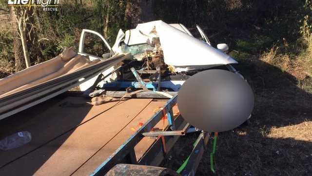 The scene of the crash 11km north of Crows Nest on the New England Highway on Sunday. Picture: RACQ LifeFlight Rescue