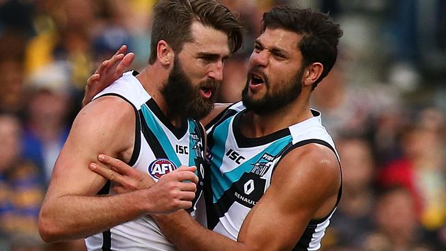 Justin Westhoff celebrates a goal with Paddy Ryder. Bone says Westhoff could be Port’s X-factor in finals. Picture: Paul Kane (Getty Images)