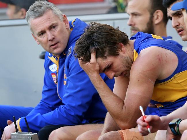 PERTH, AUSTRALIA - AUGUST 05:  Andrew Gaff of the Eagles looks dejected sitting on the bench during the round 20 AFL match between the West Coast Eagles and the Fremantle Dockers at Optus Stadium on August 5, 2018 in Perth, Australia.  (Photo by Paul Kane/Getty Images)