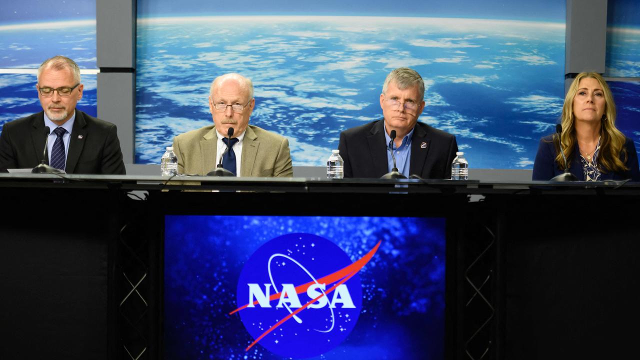 NASA associate administrators James Free and Ken Bowersox, commercial crew manager Steve Stich and International Space Station program manager Dana Weigel addressed journalists at the press conference on Saturday Florida time. Picture: Mark Felix/AFP