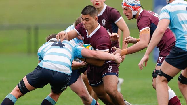 Queensland forward Nate Hepi runs the ball at the 2024 Australian Schools Rugby Championship. Picture: Rachel Wright.