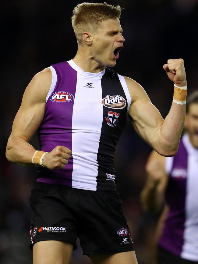 Nick Riewoldt celebrates a goal during Maddie’s Match last year. Picture: Michael Klein