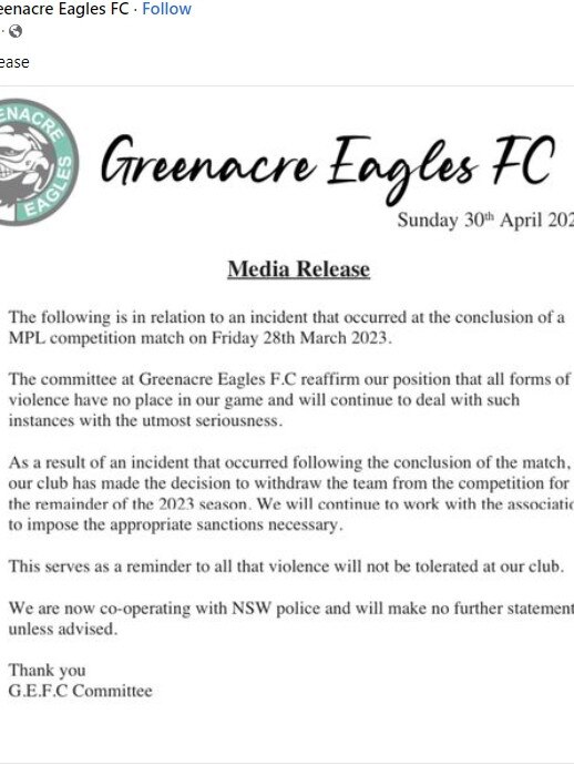 Greenacre Eagles Football Club, Abdullah’s club, withdrew from the entire soccer competition after the referee attack.