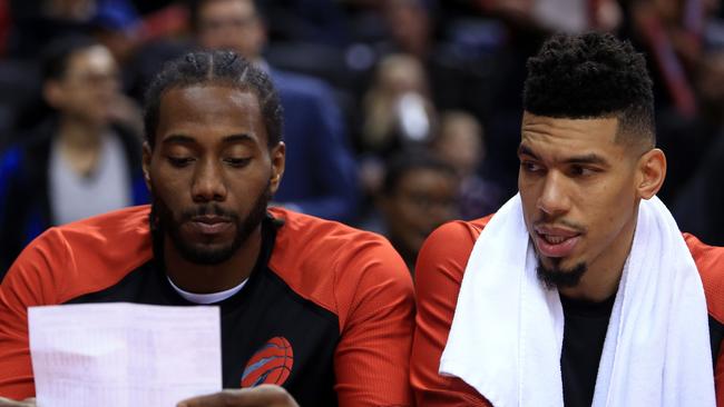 Kawhi Leonard (L) and Danny Green of the Toronto Raptors. Leonard sat out the game. Picture: AFP