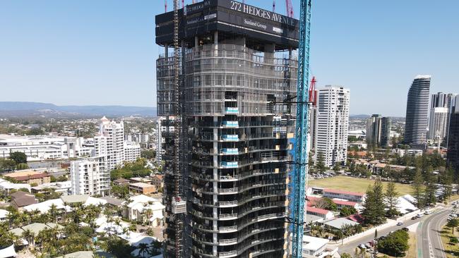 Aerial shots of Sunland Group's 272 Hedges Ave tower at Mermaid Beach which has reached the halfway point of construction